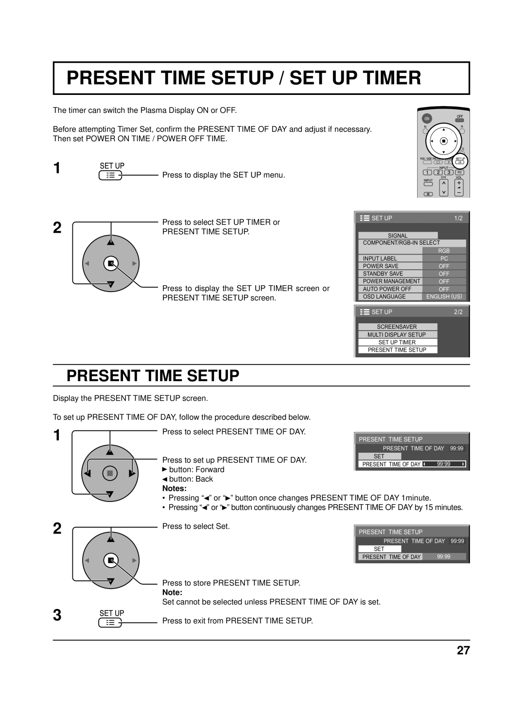 Panasonic TH-42PH9XK, TH-50PH9XK, TH-50PH9UK, TH-42PS9XK manual Present Time Setup, Press to set up Present Time of DAY 