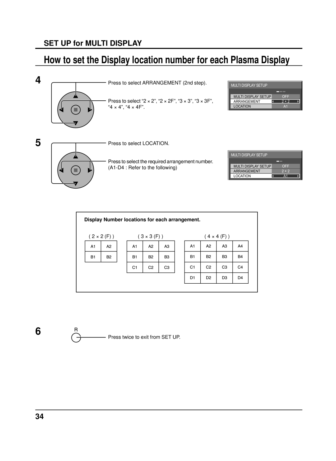 Panasonic TH-42PS9XK Press to select Arrangement 2nd step, Press to select 2 × 2, 2 × 2F, 3 × 3, 3 × 3F, 4 × 4, 4 × 4F 