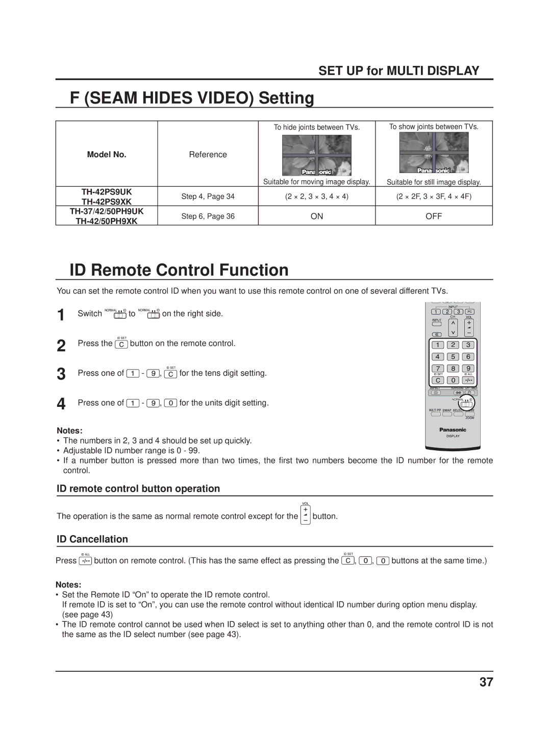 Panasonic TH-50PH9UK, TH-50PH9XK Seam Hides Video Setting, ID Remote Control Function, ID remote control button operation 