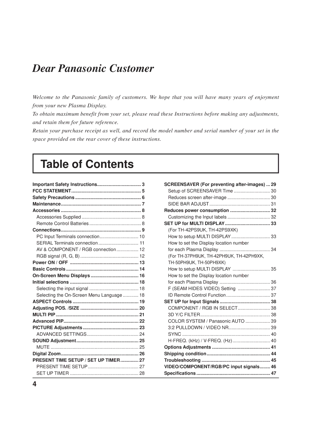 Panasonic TH-50PH9XK, TH-50PH9UK, TH-42PS9XK, TH-42PH9XK manual Table of Contents 