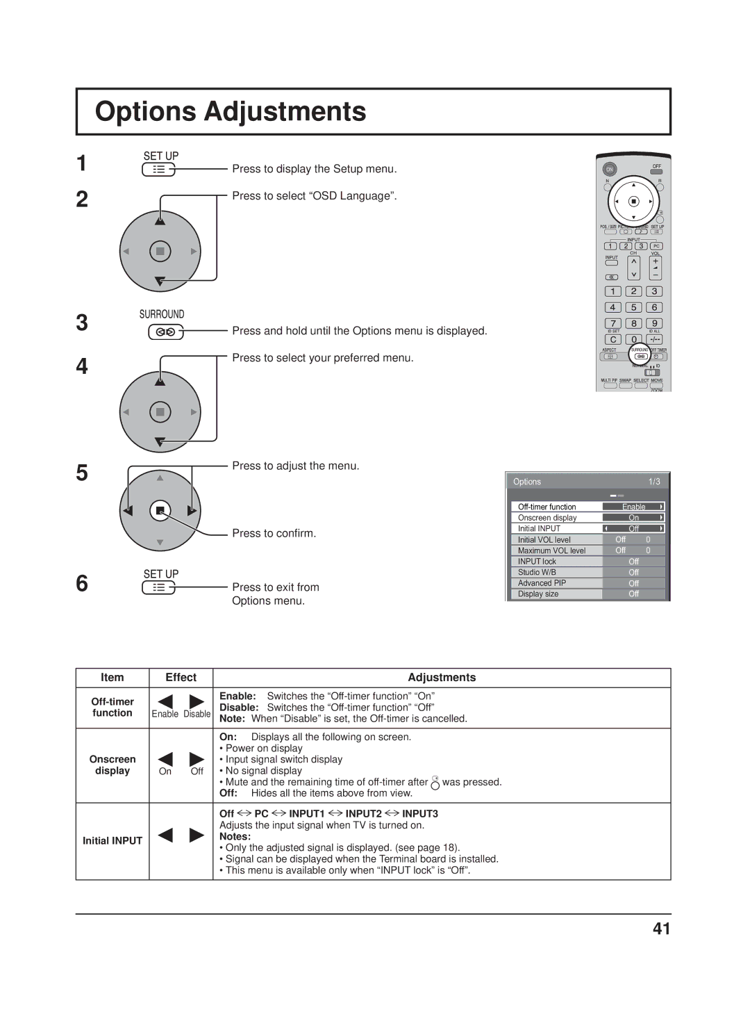 Panasonic TH-50PH9UK, TH-50PH9XK, TH-42PS9XK, TH-42PH9XK manual Options Adjustments, INPUT1 INPUT2 INPUT3 