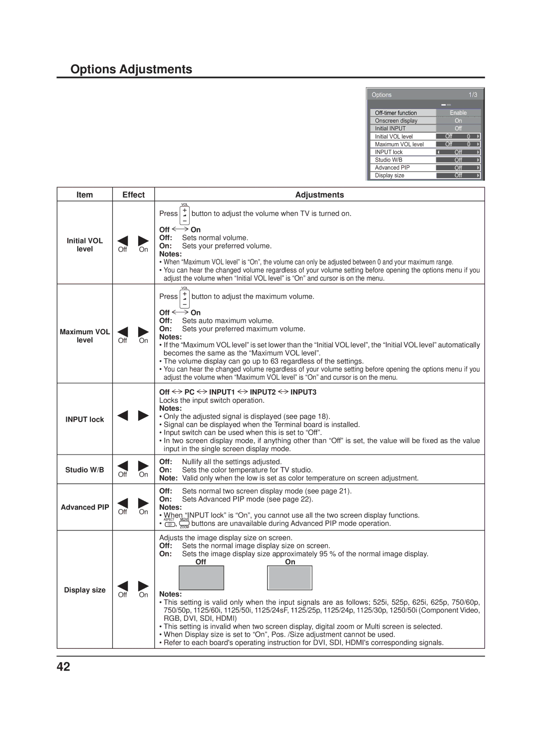 Panasonic TH-42PS9XK, TH-50PH9XK, TH-50PH9UK, TH-42PH9XK manual Options Adjustments 