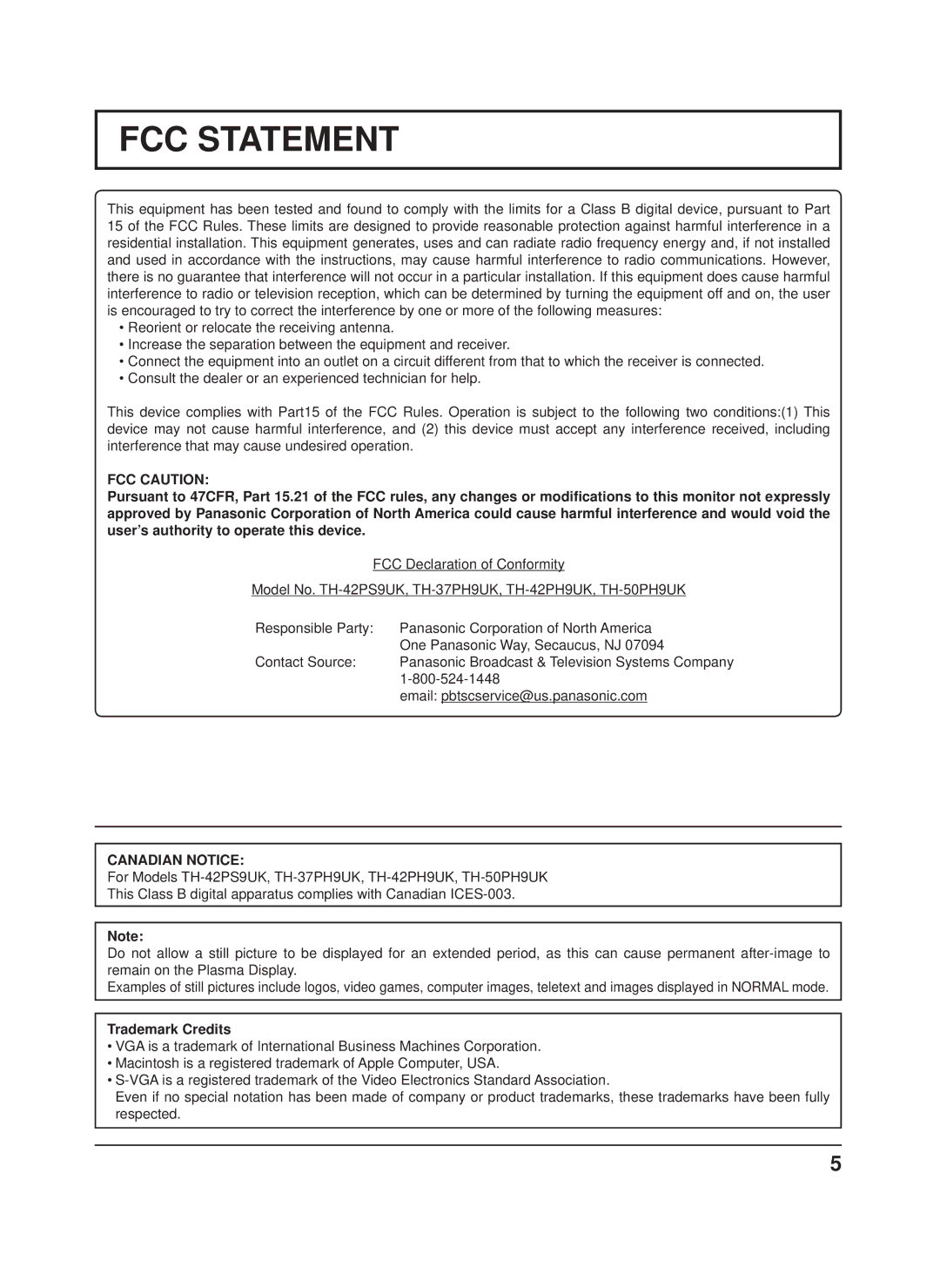 Panasonic TH-50PH9UK, TH-50PH9XK, TH-42PS9XK, TH-42PH9XK manual FCC Caution, Canadian Notice, Trademark Credits 