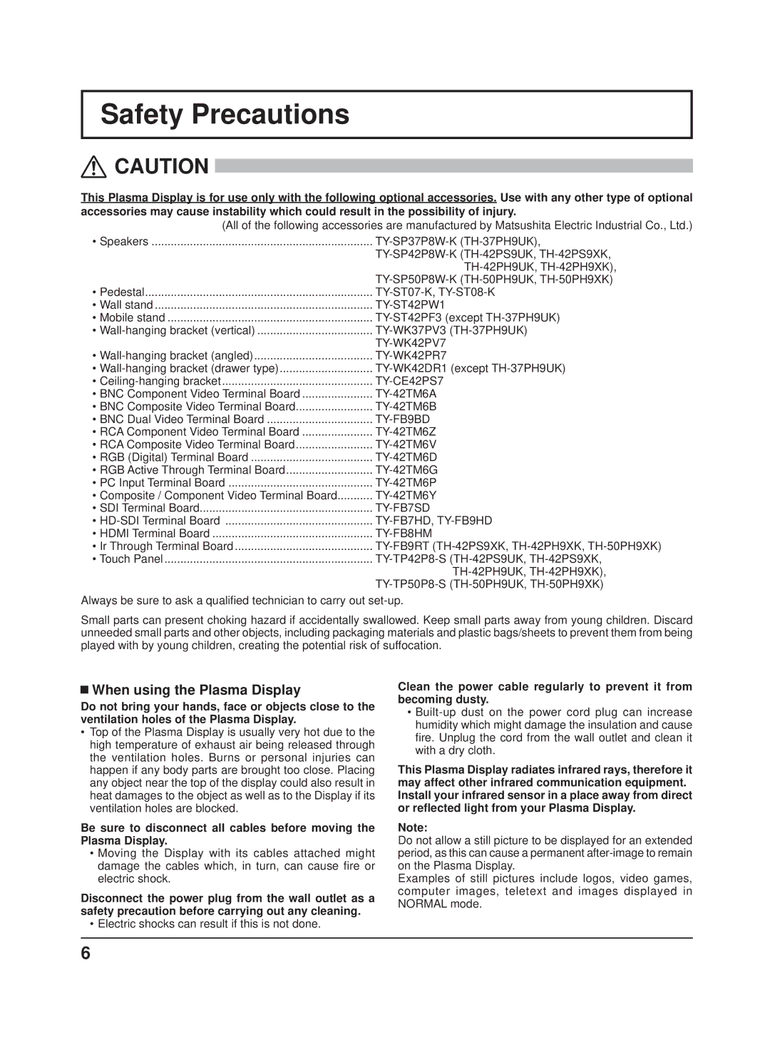 Panasonic TH-42PS9XK, TH-50PH9XK, TH-50PH9UK, TH-42PH9XK manual Safety Precautions, When using the Plasma Display 