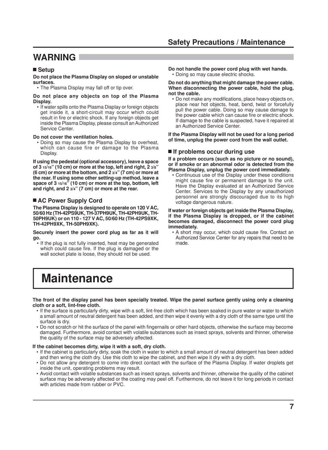 Panasonic TH-42PH9XK, TH-50PH9XK, TH-50PH9UK manual Maintenance, Setup, AC Power Supply Cord, If problems occur during use 