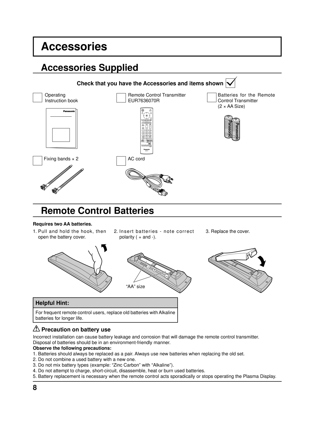 Panasonic TH-50PH9XK, TH-50PH9UK, TH-42PS9XK, TH-42PH9XK manual Accessories Supplied, Remote Control Batteries 