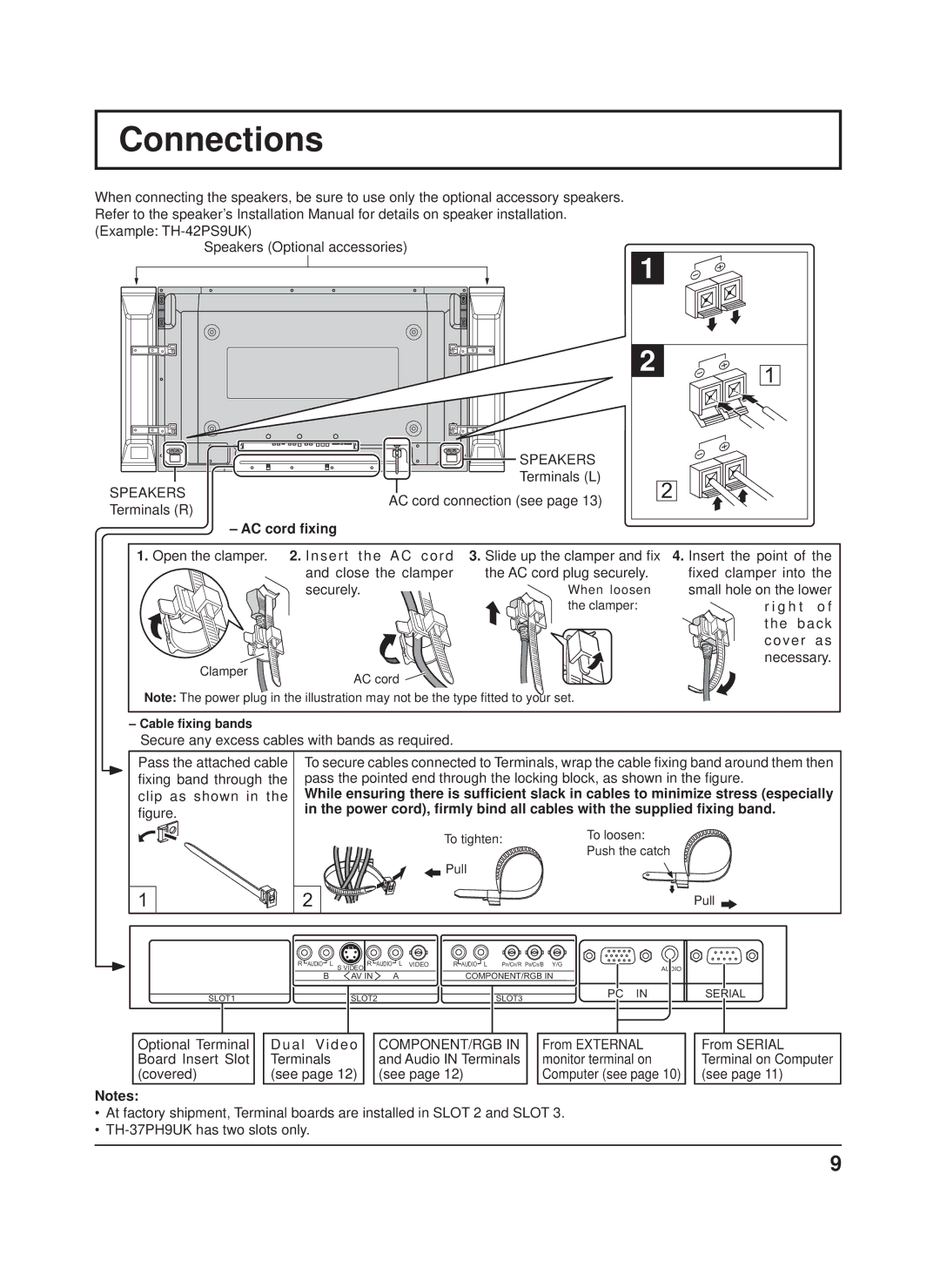 Panasonic TH-50PH9UK, TH-50PH9XK, TH-42PS9XK, TH-42PH9XK manual Connections, Speakers, AC cord ﬁxing, Component/Rgb 