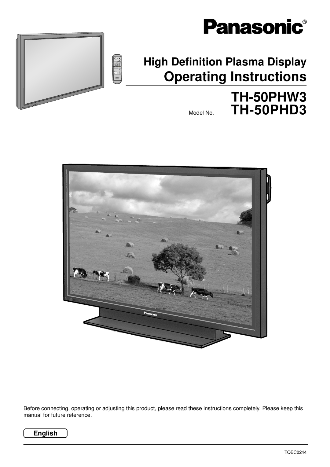 Panasonic TH-50PHW3, TH 50PHD3 manual Operating Instructions, High Definition Plasma Display, English 