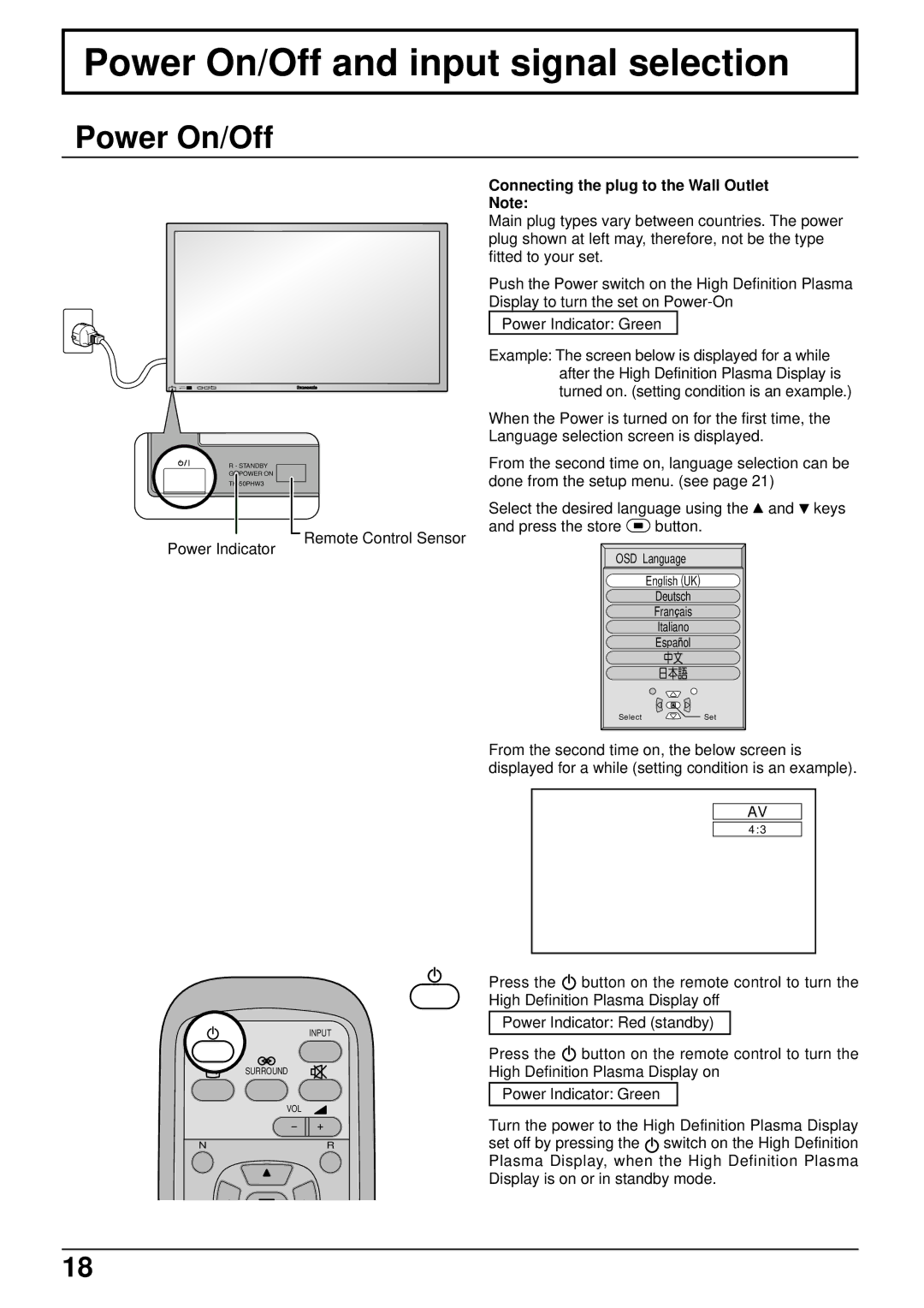 Panasonic TH 50PHD3, TH-50PHW3 manual Power On/Off and input signal selection, Connecting the plug to the Wall Outlet Note 