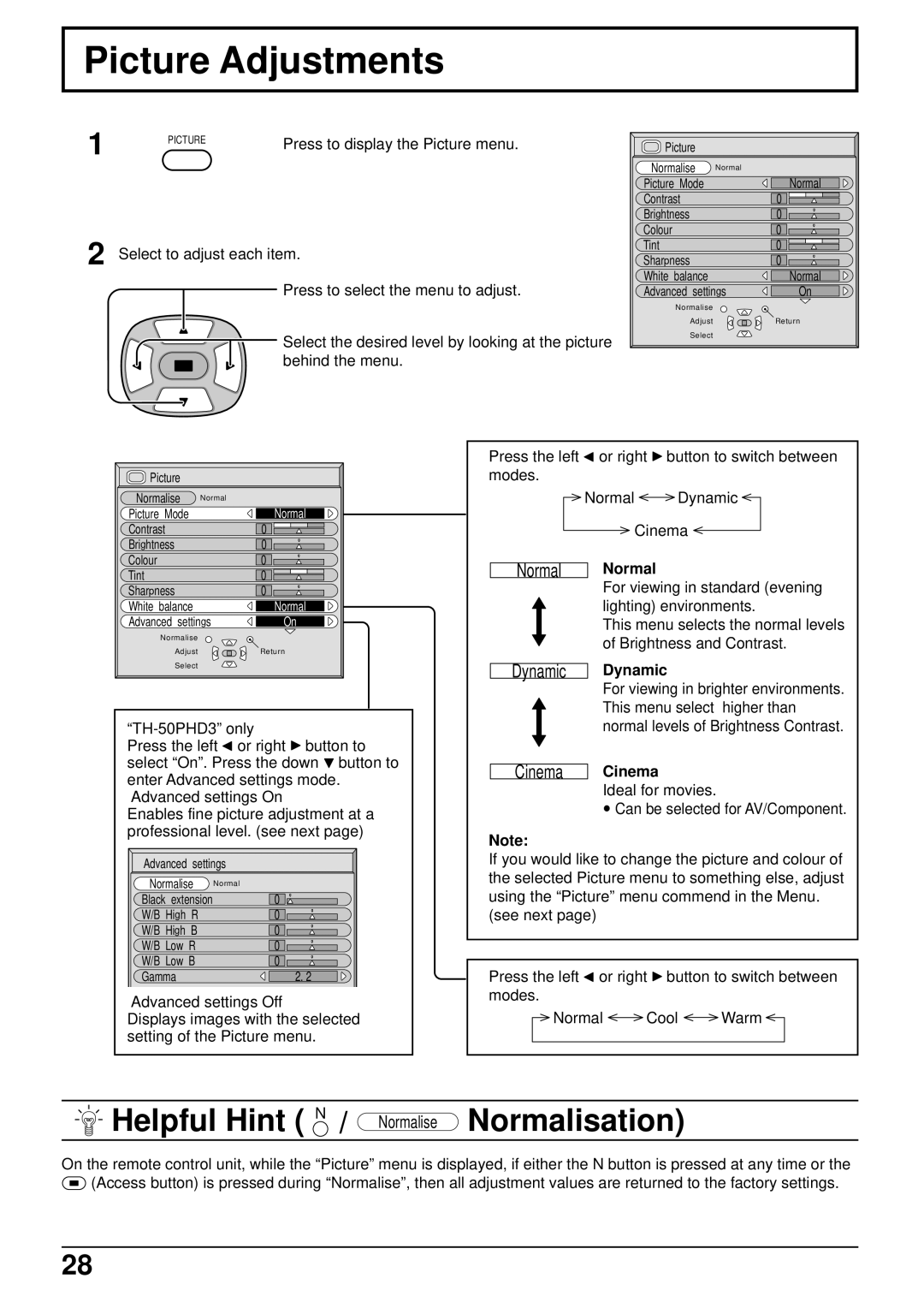 Panasonic TH 50PHD3, TH-50PHW3 manual Picture Adjustments, Normal Normal 