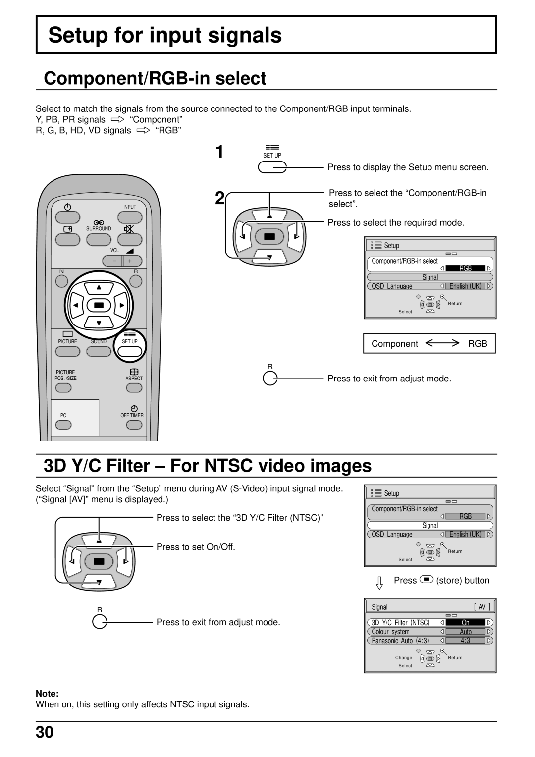 Panasonic TH 50PHD3, TH-50PHW3 manual Setup for input signals, Component/RGB-in select, 3D Y/C Filter For Ntsc video images 