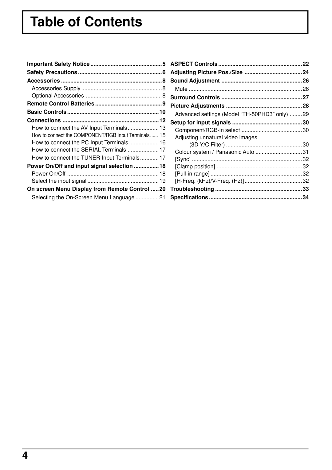 Panasonic TH 50PHD3, TH-50PHW3 manual Table of Contents 