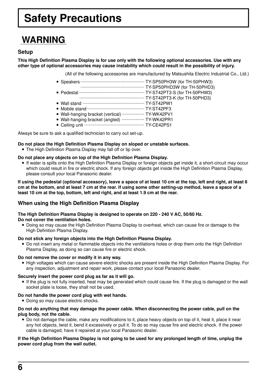 Panasonic TH 50PHD3, TH-50PHW3 manual Safety Precautions, Setup, When using the High Definition Plasma Display 