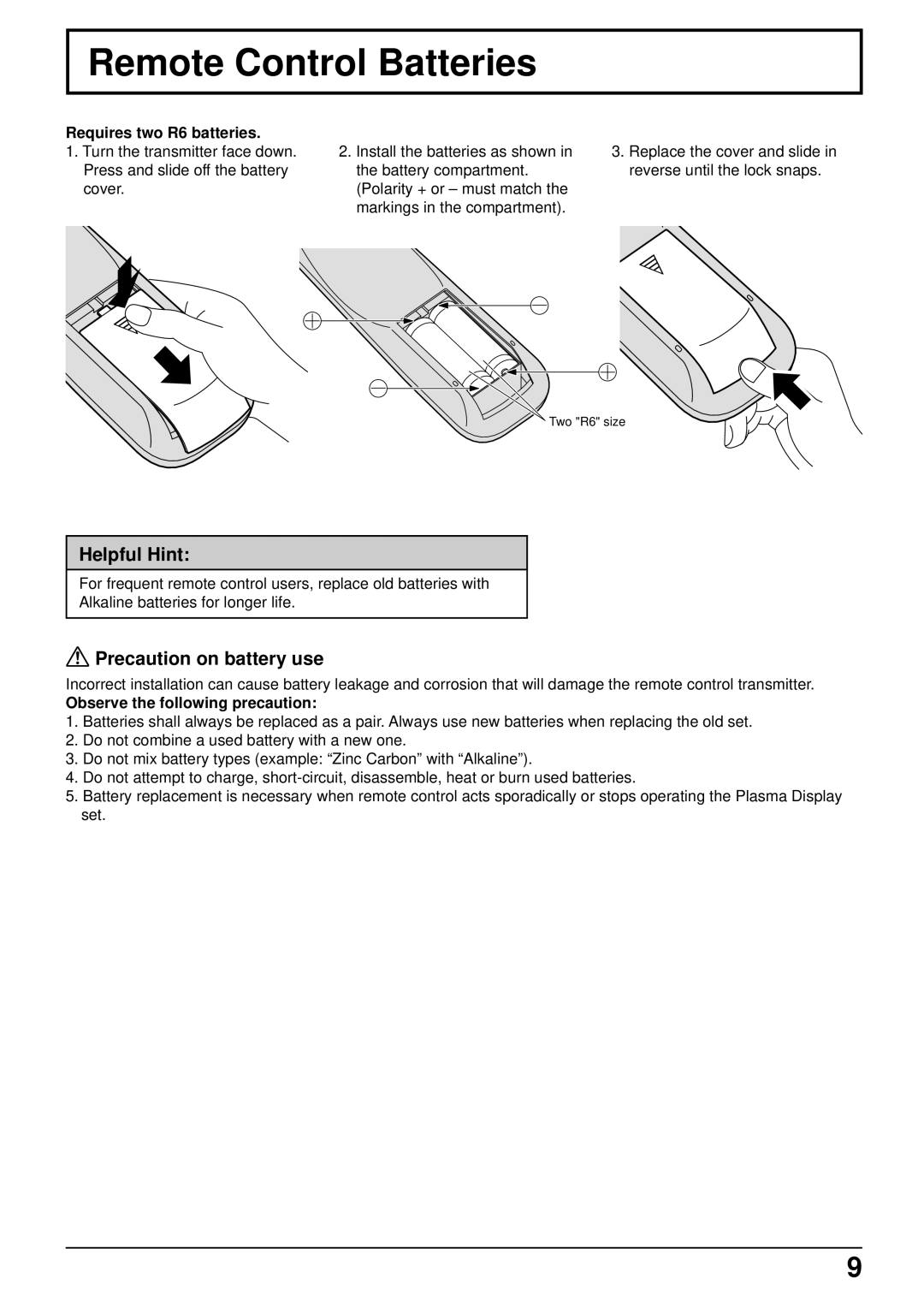 Panasonic TH-50PHW3 manual Remote Control Batteries, Helpful Hint, Precaution on battery use, Requires two R6 batteries 