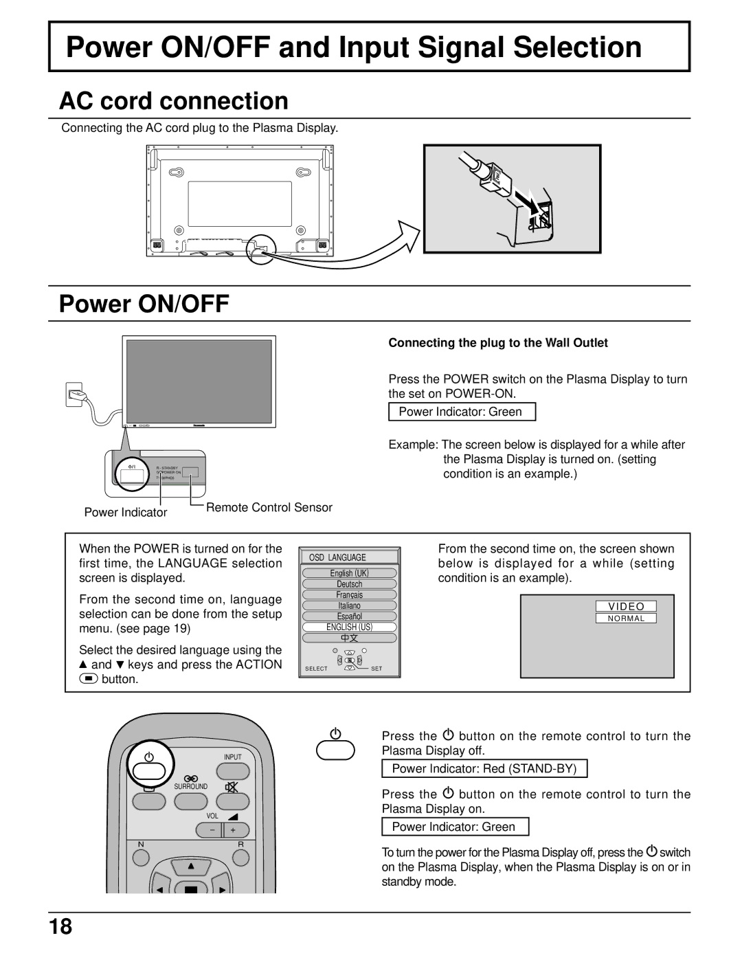 Panasonic TH-50PHD5 Power ON/OFF and Input Signal Selection, AC cord connection, Connecting the plug to the Wall Outlet 