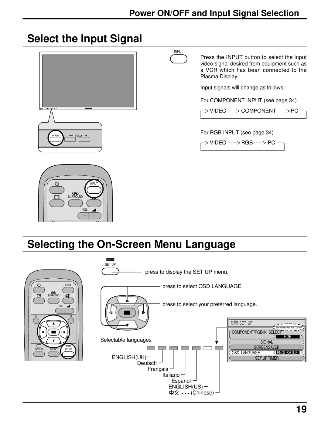 Panasonic TH-50PHD5 manual Select the Input Signal, Selecting the On-Screen Menu Language 