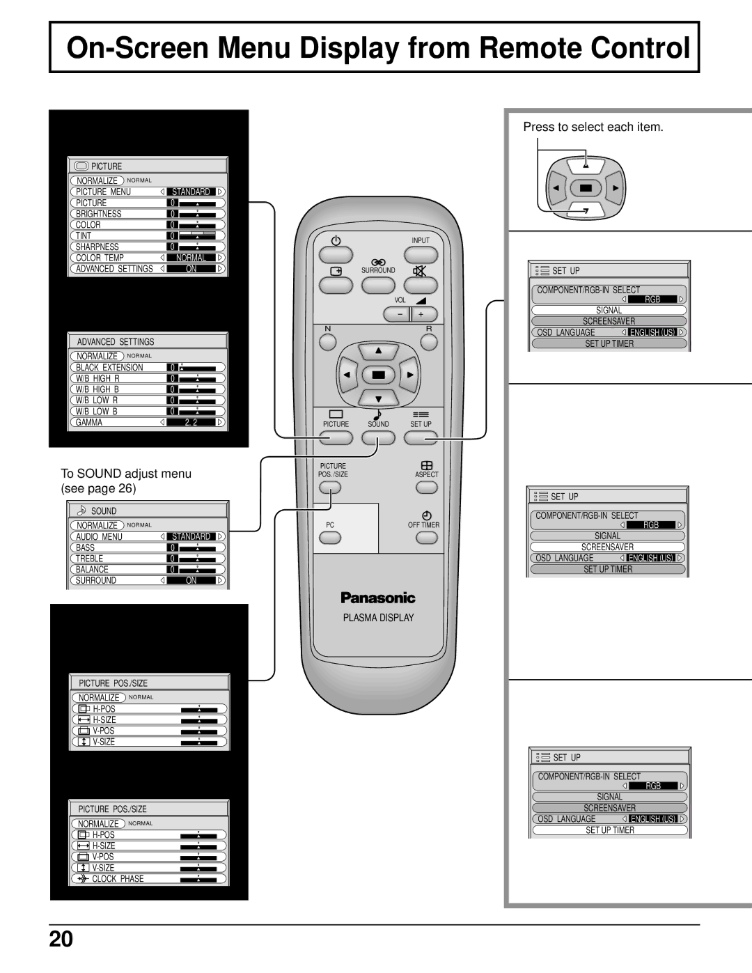 Panasonic TH-50PHD5 manual On-Screen Menu Display from Remote Control, To Picture POS./SIZE adjust menu see 