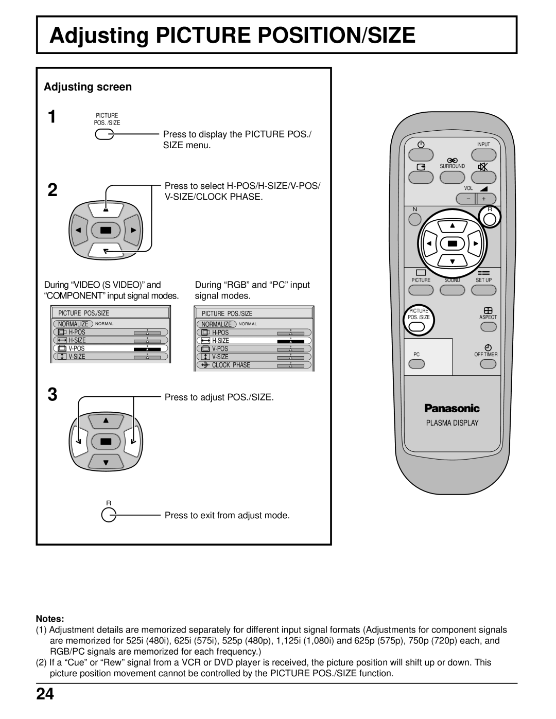 Panasonic TH-50PHD5 manual Adjusting Picture POSITION/SIZE, Adjusting screen, SIZE/CLOCK Phase 