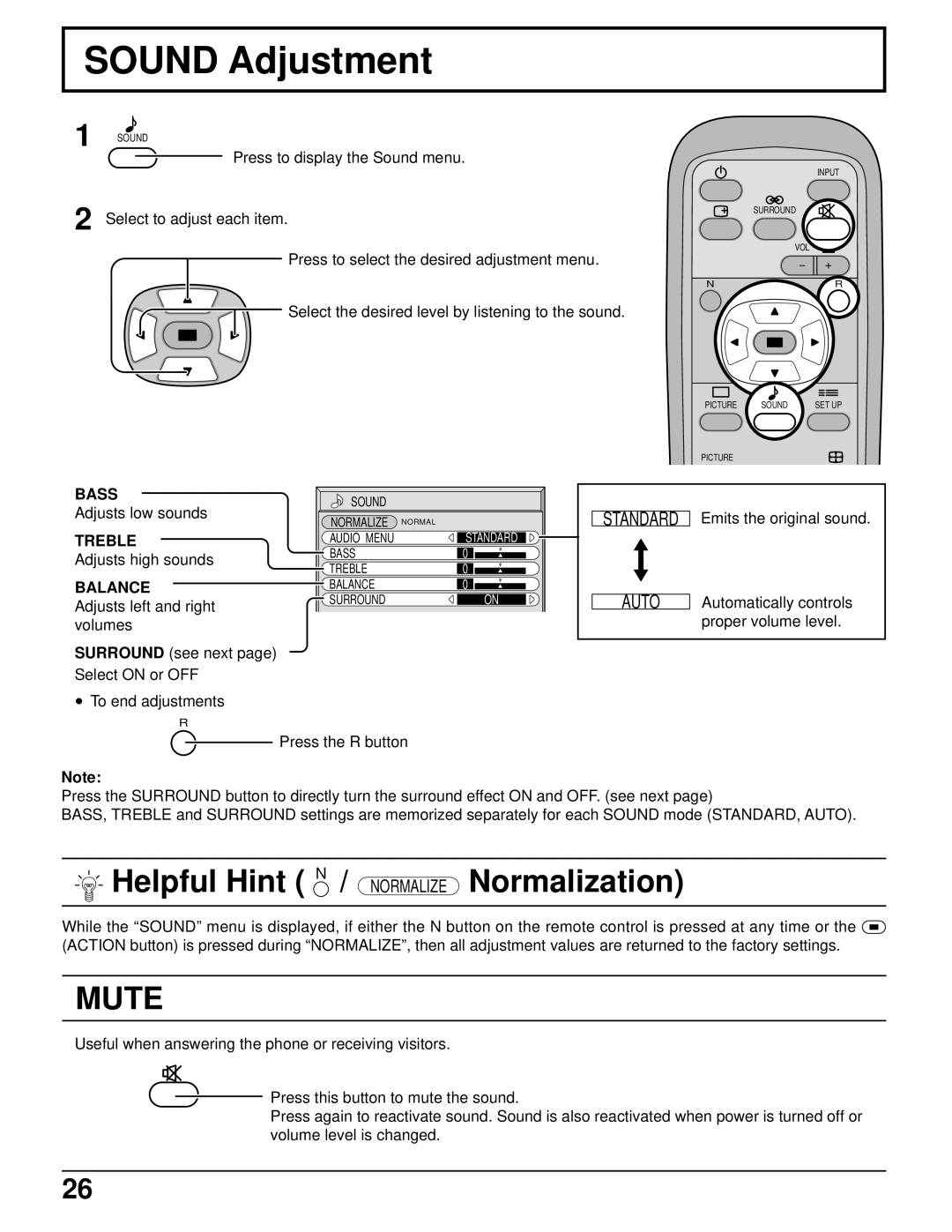 Panasonic TH-50PHD5 manual Sound Adjustment, Mute, Bass, Treble, Balance 