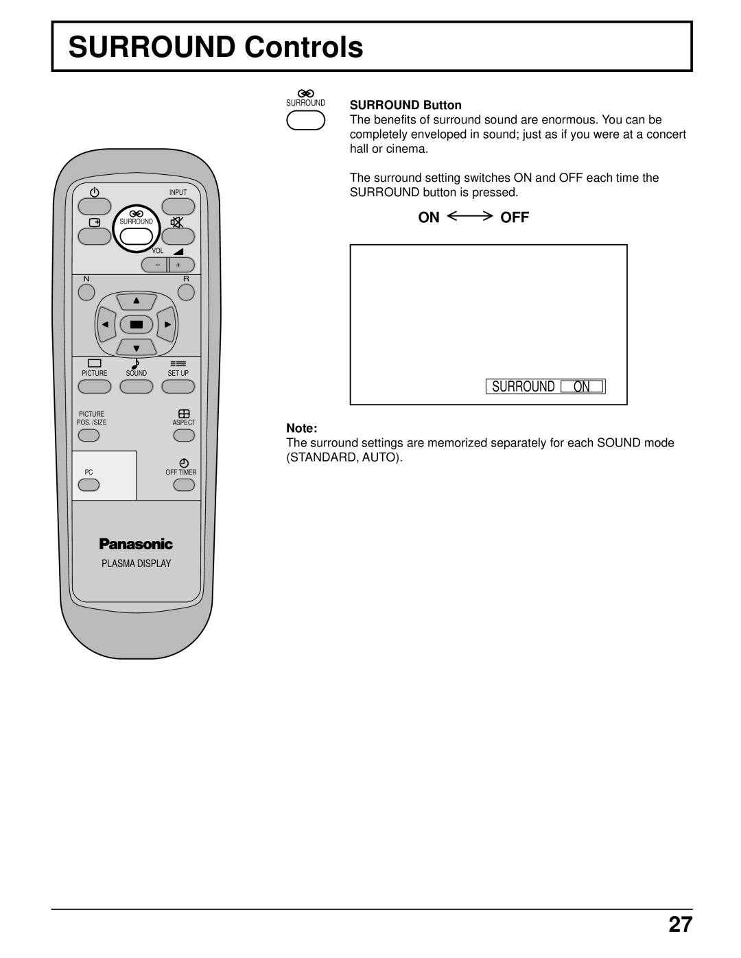 Panasonic TH-50PHD5 manual Surround Controls, Surround Surround Button 