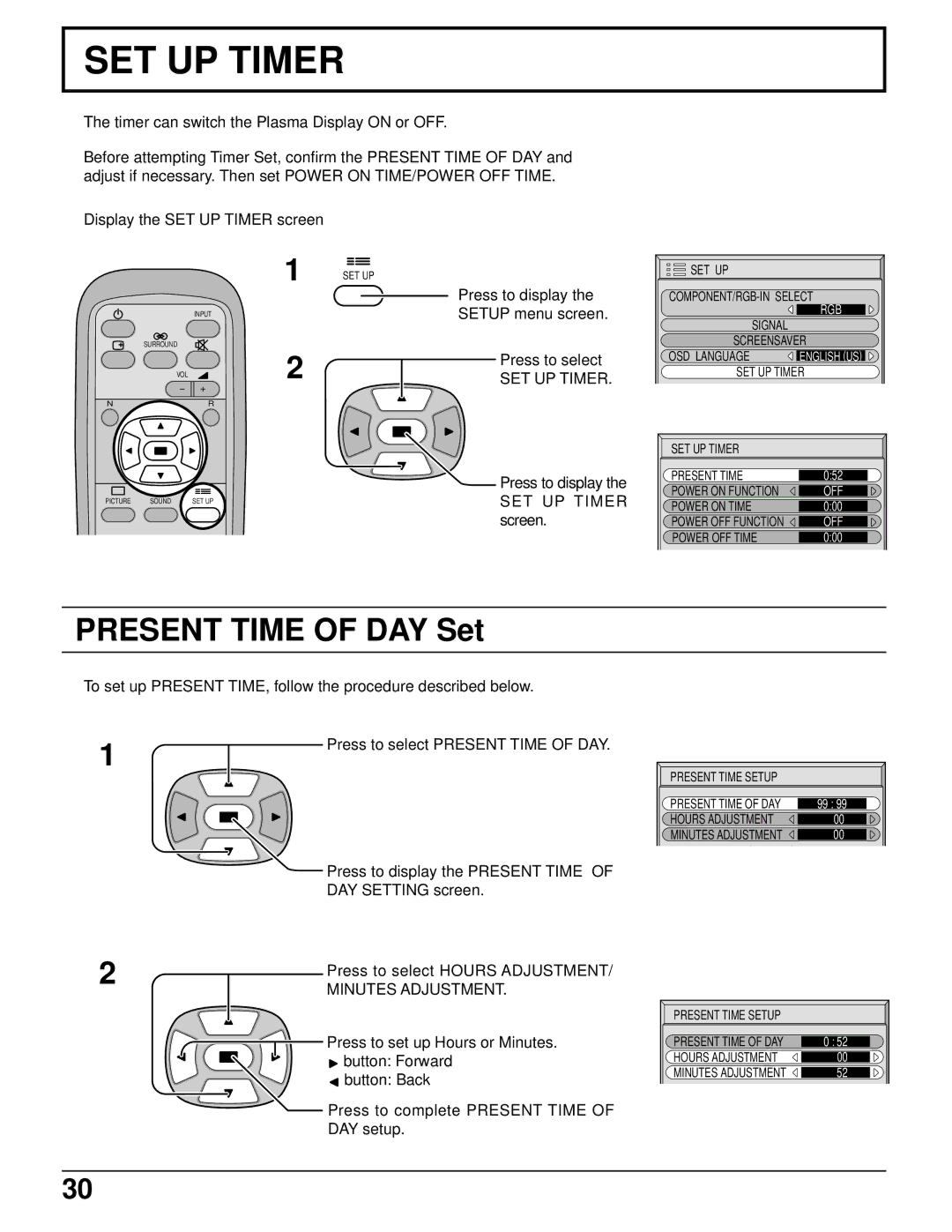 Panasonic TH-50PHD5 manual Present Time of DAY Set, SET UP Timer 