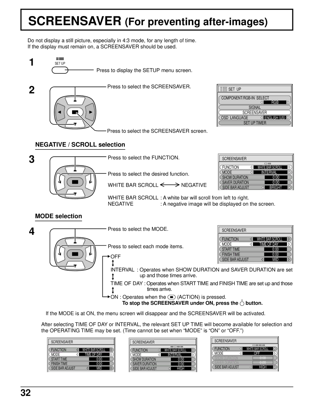 Panasonic TH-50PHD5 manual Screensaver For preventing after-images, Negative / Scroll selection, Mode selection 