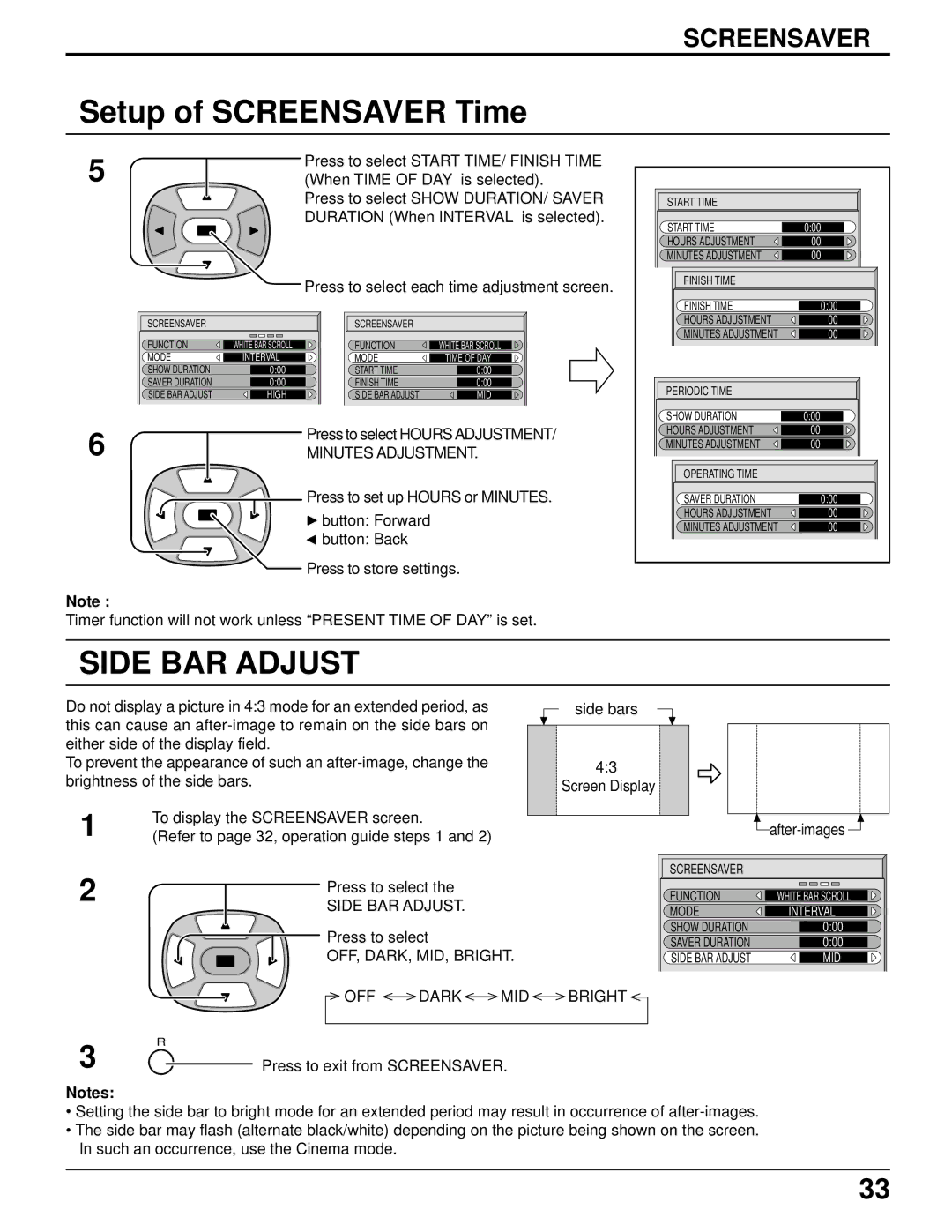 Panasonic TH-50PHD5 manual Setup of Screensaver Time, Side BAR Adjust, OFF, DARK, MID, Bright OFF Dark MID Bright 