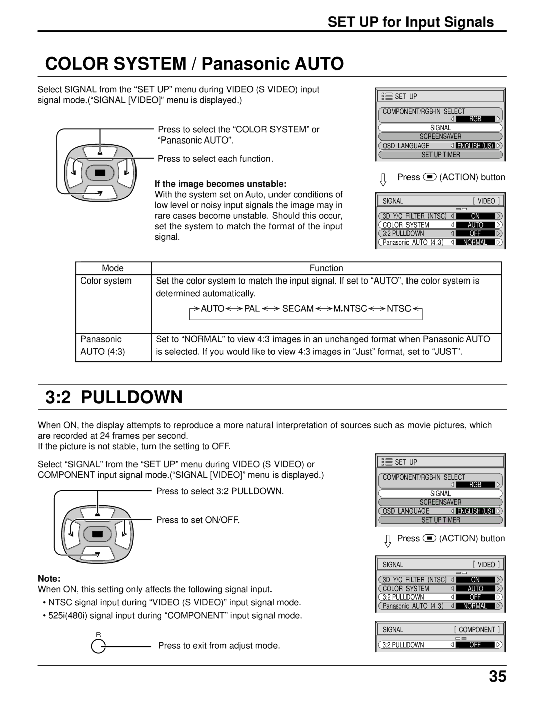 Panasonic TH-50PHD5 manual Color System / Panasonic Auto, Pulldown, SET UP for Input Signals, If the image becomes unstable 