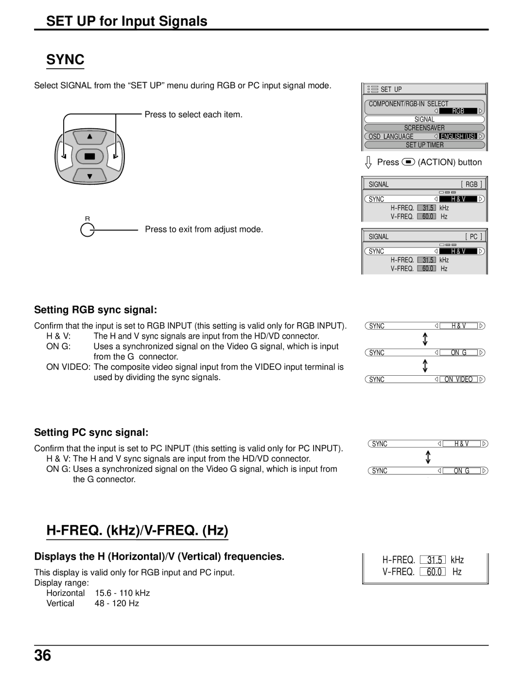 Panasonic TH-50PHD5 manual FREQ. kHz/V-FREQ. Hz, Setting RGB sync signal, Setting PC sync signal 