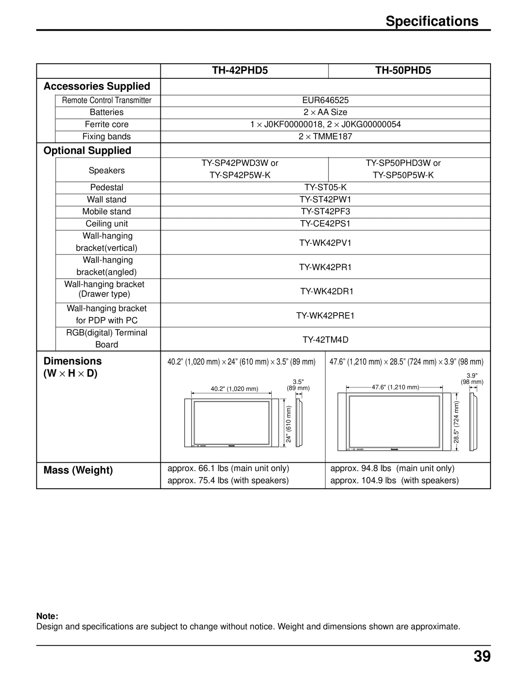 Panasonic TH-50PHD5 manual Specifications 