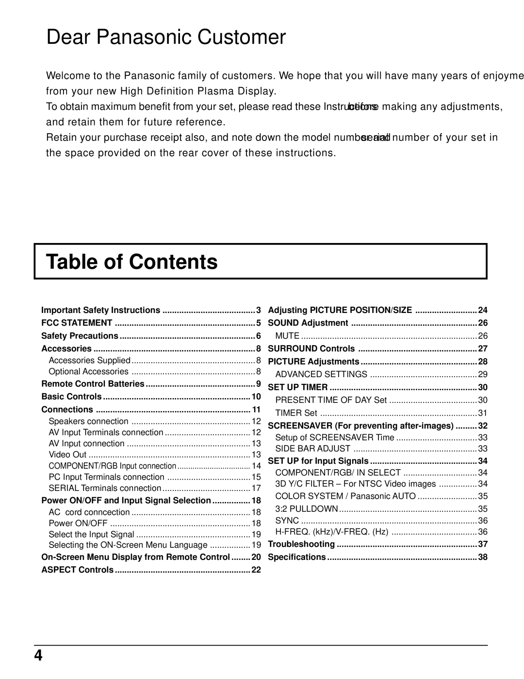 Panasonic TH-50PHD5 manual Table of Contents 