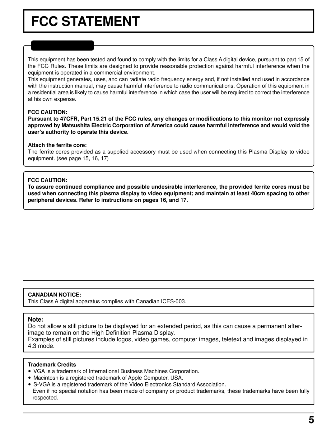 Panasonic TH-50PHD5 manual FCC Caution, Canadian Notice, Trademark Credits 