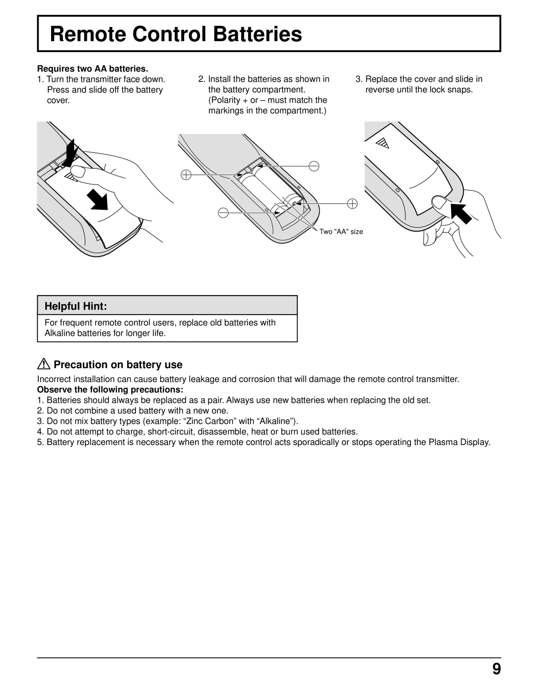 Panasonic TH-50PHD5 manual Remote Control Batteries, Helpful Hint, Precaution on battery use, Requires two AA batteries 