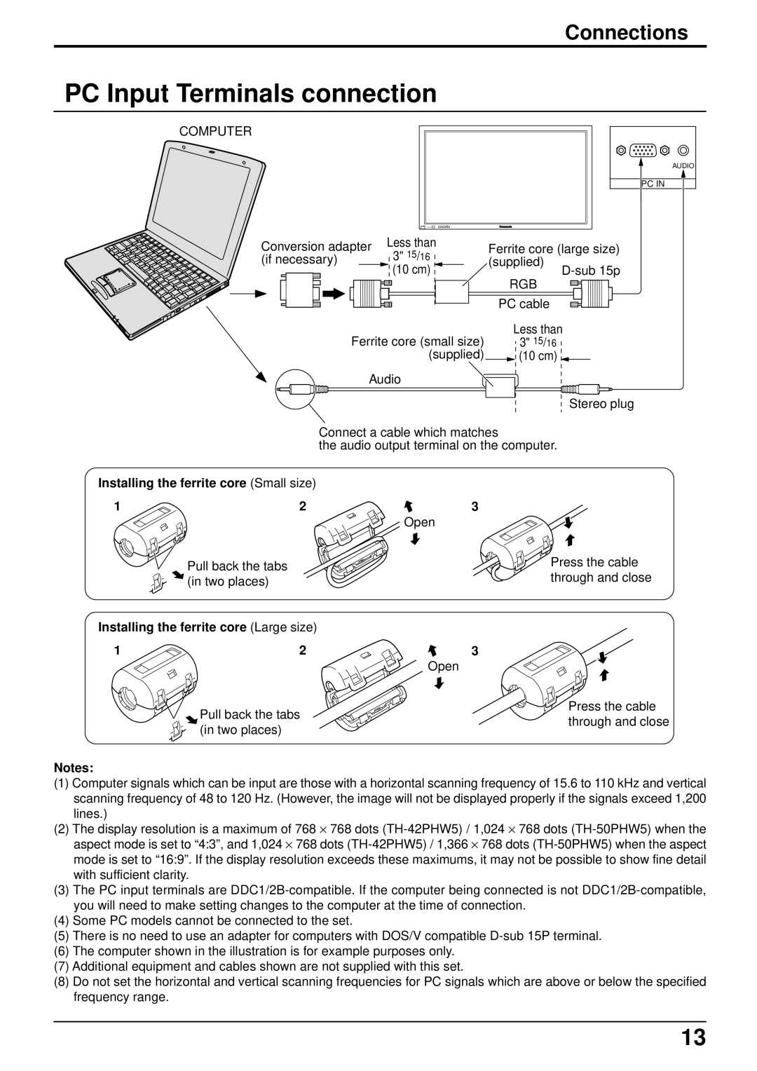 Panasonic TH-42PHW5, TH-50PHW5 manual PC Input Terminals connection, Installing the ferrite core Small size 