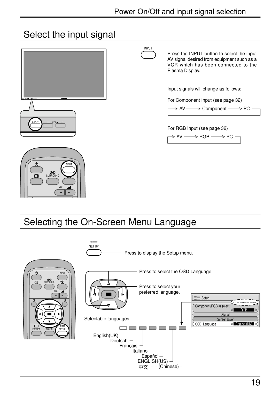 Panasonic TH-42PHW5, TH-50PHW5 manual Select the input signal, Selecting the On-Screen Menu Language 