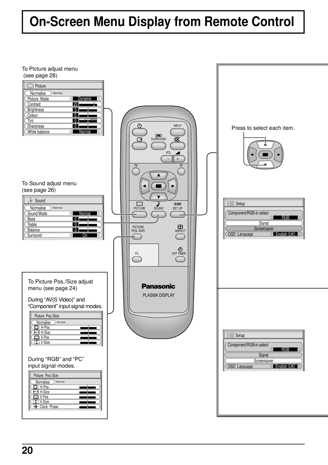 Panasonic TH-50PHW5, TH-42PHW5 manual On-Screen Menu Display from Remote Control, To Sound adjust menu See 