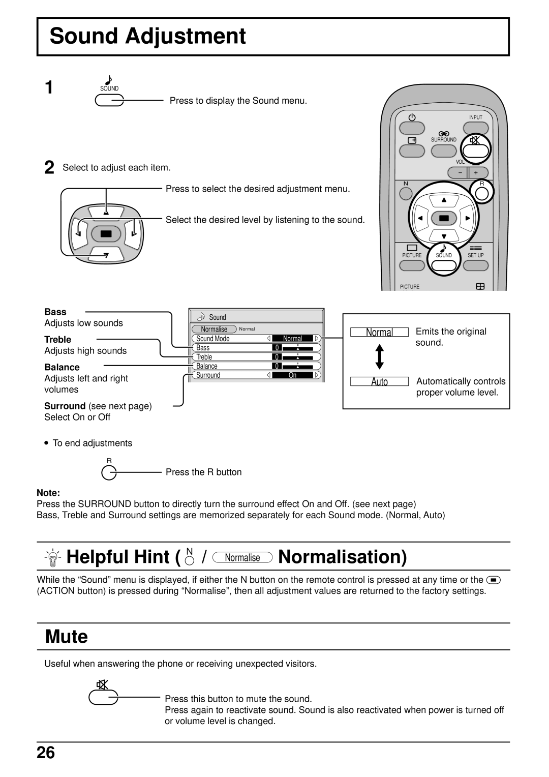 Panasonic TH-50PHW5, TH-42PHW5 manual Sound Adjustment, Mute, Bass, Treble, Balance 