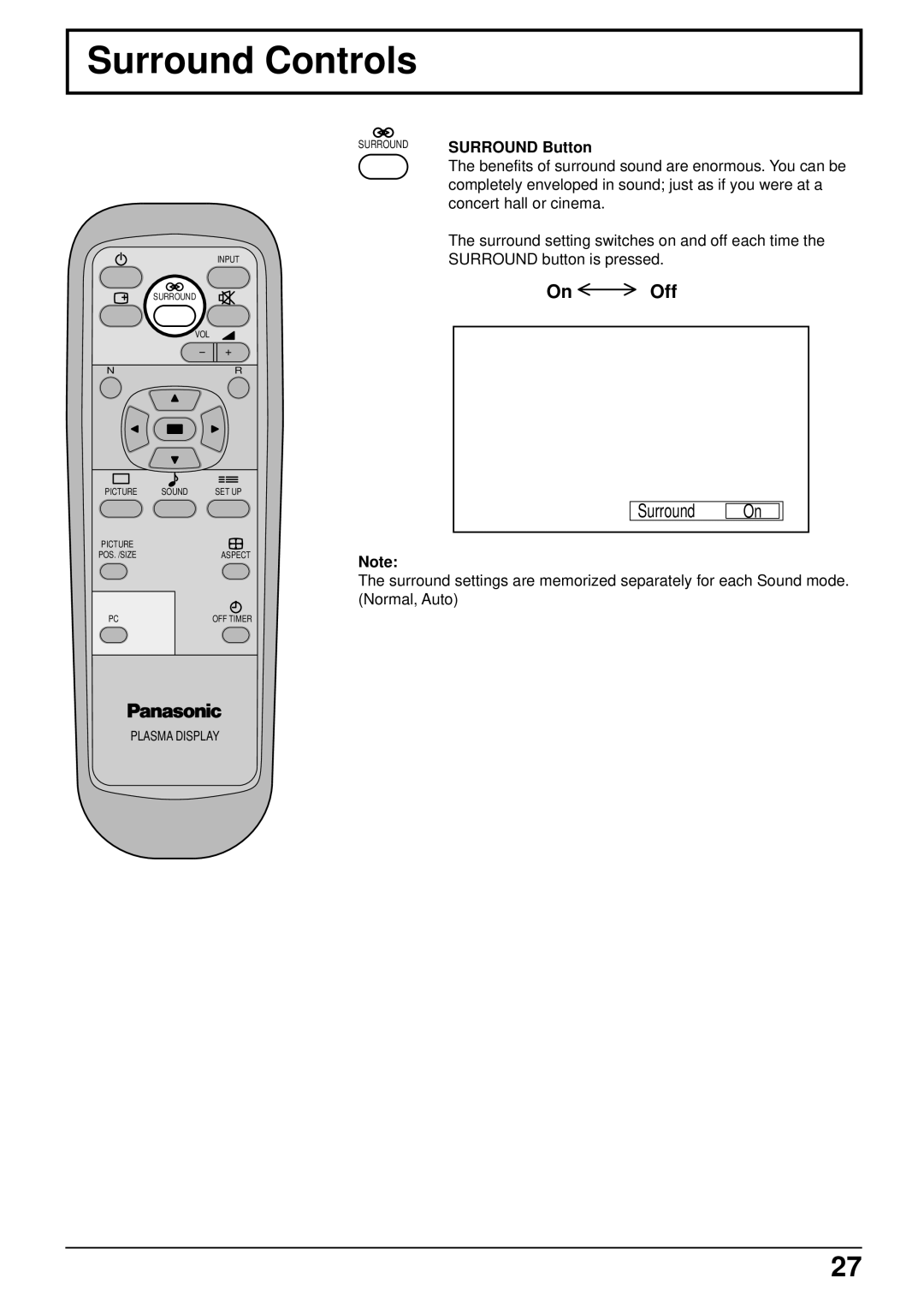 Panasonic TH-42PHW5, TH-50PHW5 manual Surround Controls, Off 