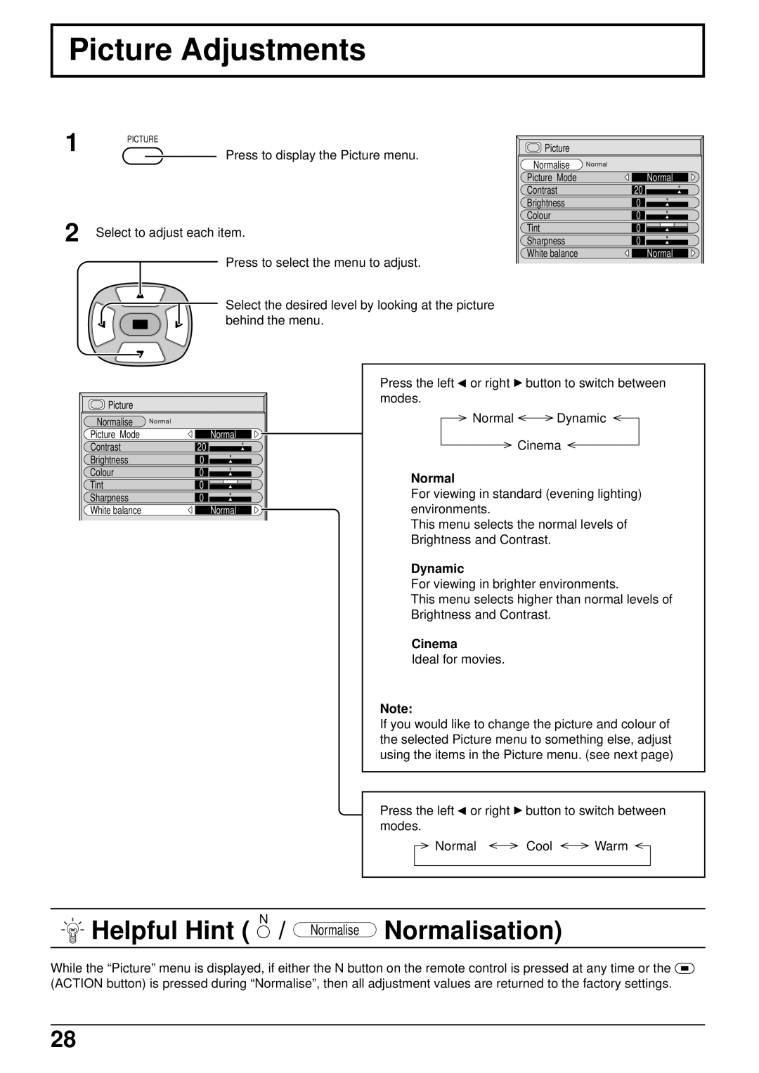 Panasonic TH-50PHW5, TH-42PHW5 manual Picture Adjustments, Normal, Dynamic, Cinema 