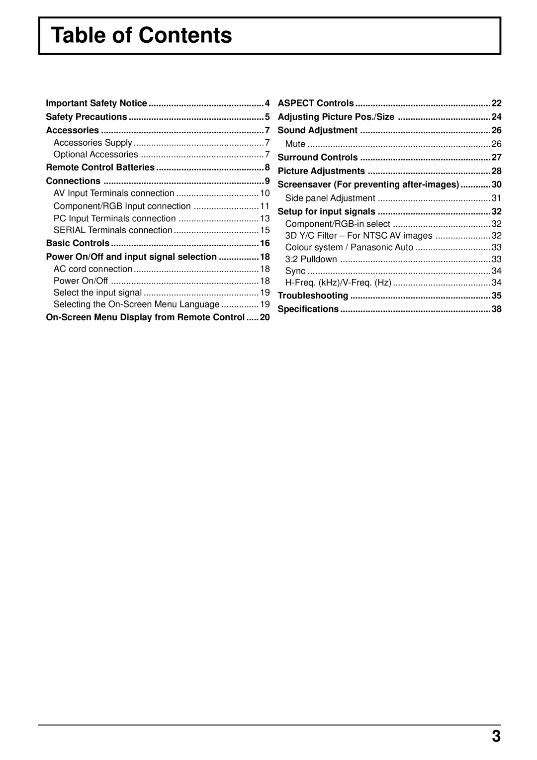 Panasonic TH-42PHW5, TH-50PHW5 manual Table of Contents 