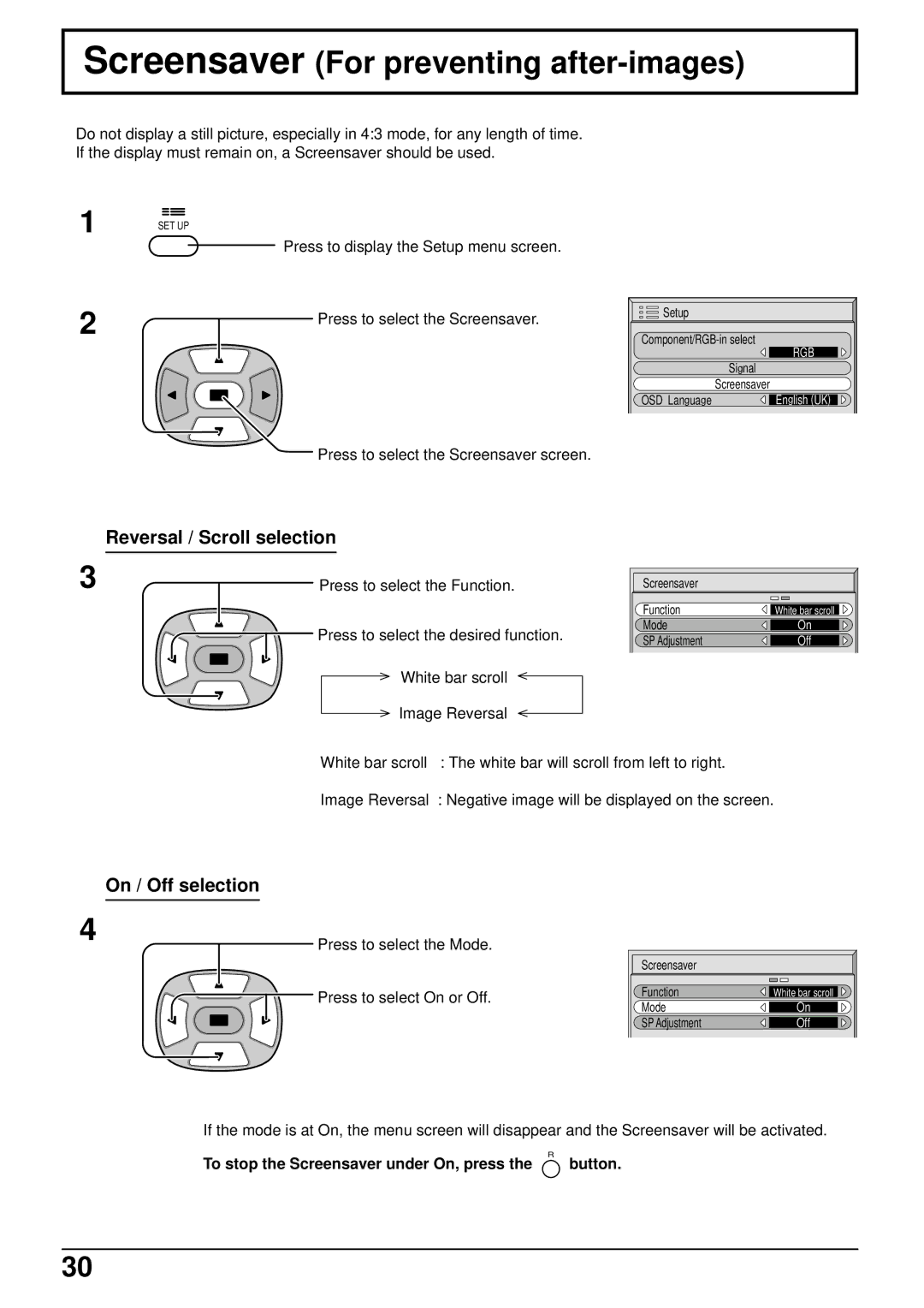 Panasonic TH-50PHW5, TH-42PHW5 Screensaver For preventing after-images, Reversal / Scroll selection, On / Off selection 