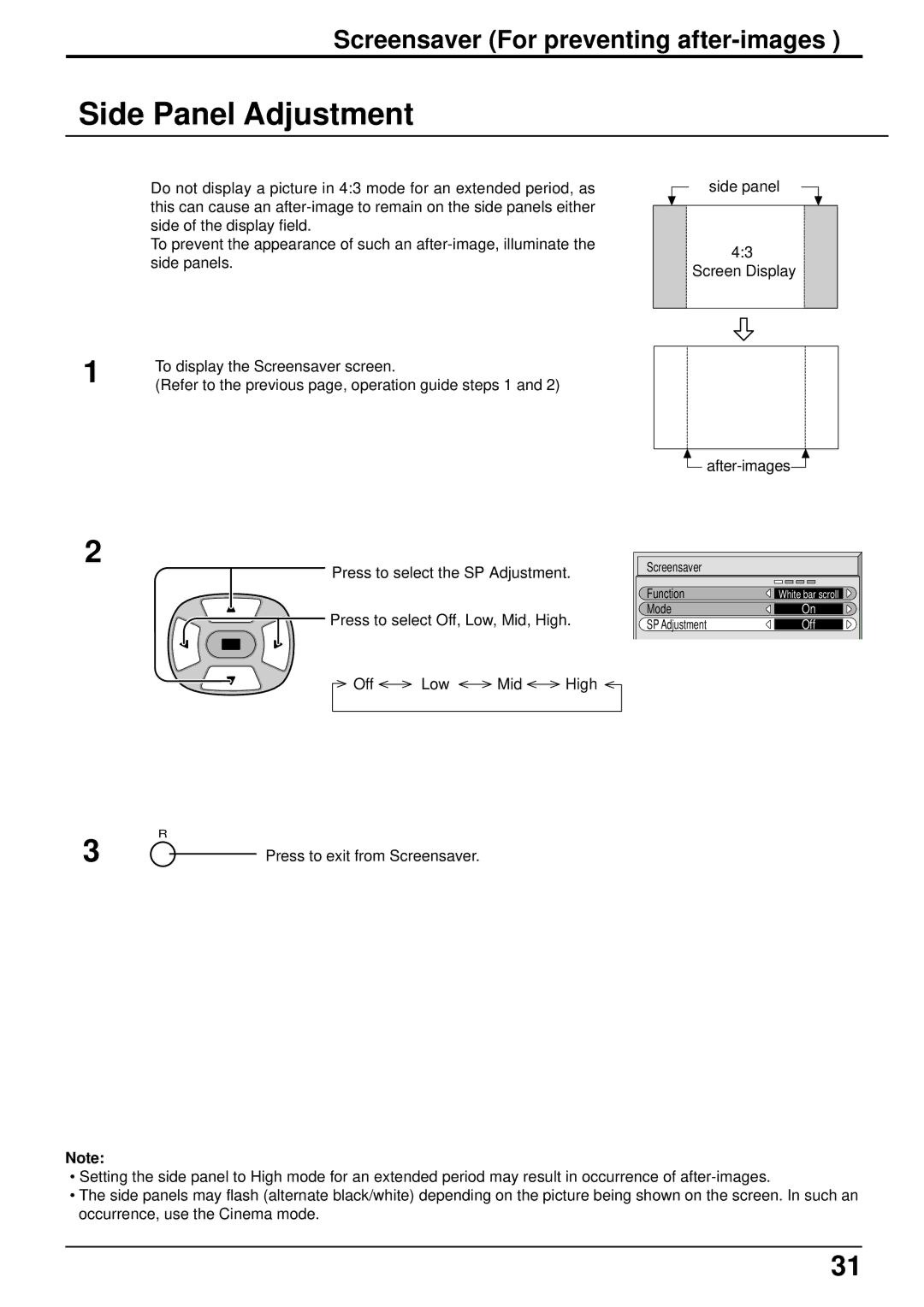 Panasonic TH-42PHW5, TH-50PHW5 manual Side Panel Adjustment, Screensaver For preventing after-images 