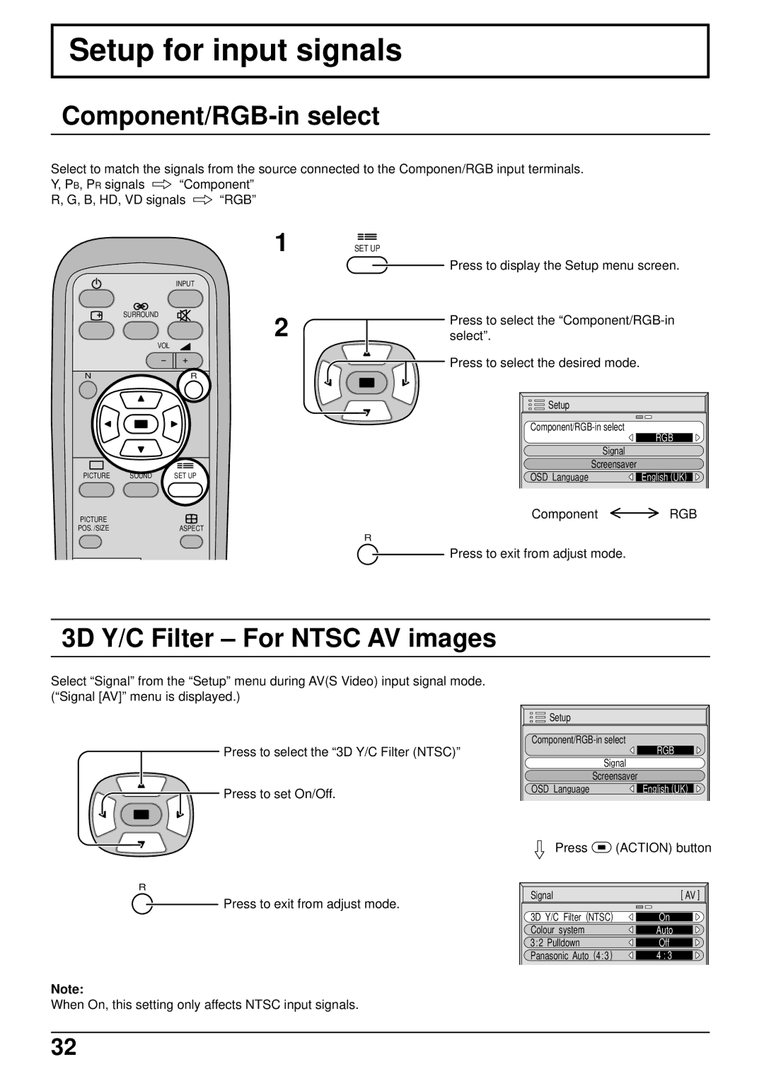 Panasonic TH-50PHW5, TH-42PHW5 manual Setup for input signals, Component/RGB-in select, 3D Y/C Filter For Ntsc AV images 