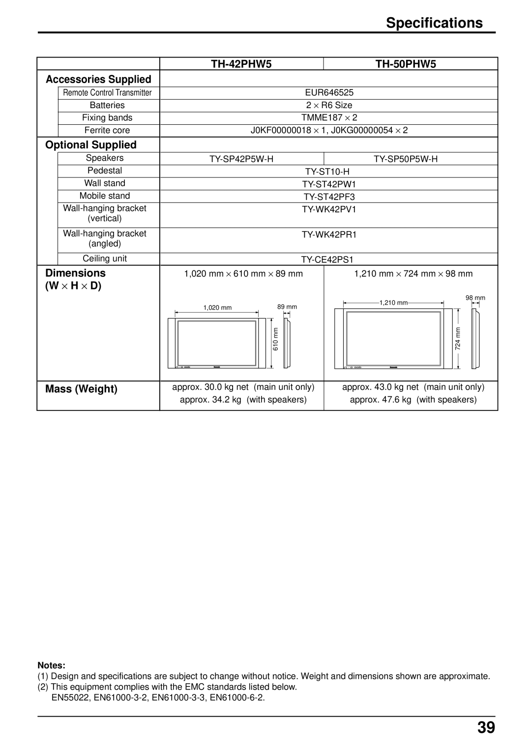 Panasonic TH-42PHW5, TH-50PHW5 manual Specifications 