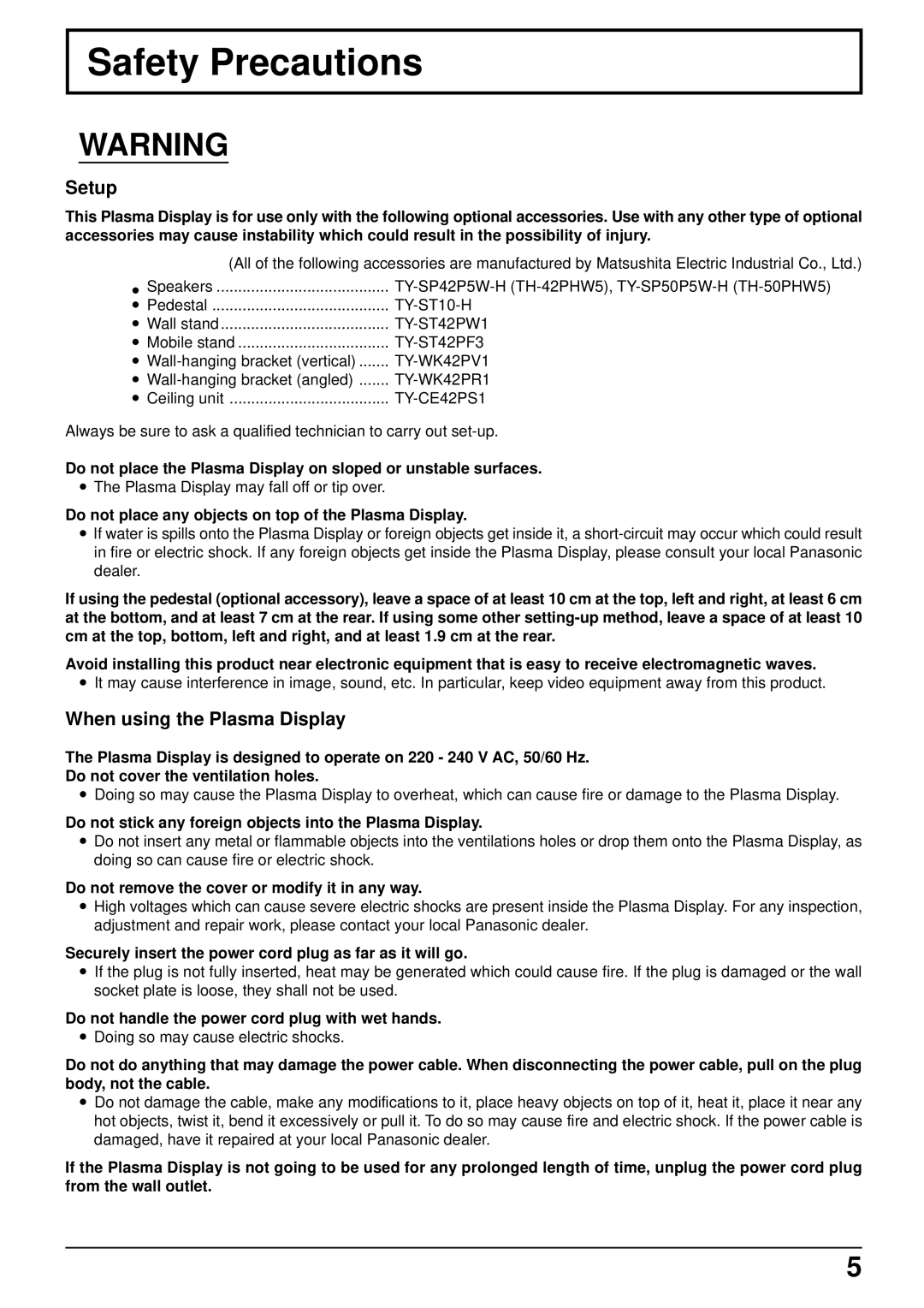 Panasonic TH-42PHW5, TH-50PHW5 manual Safety Precautions, Setup, When using the Plasma Display 