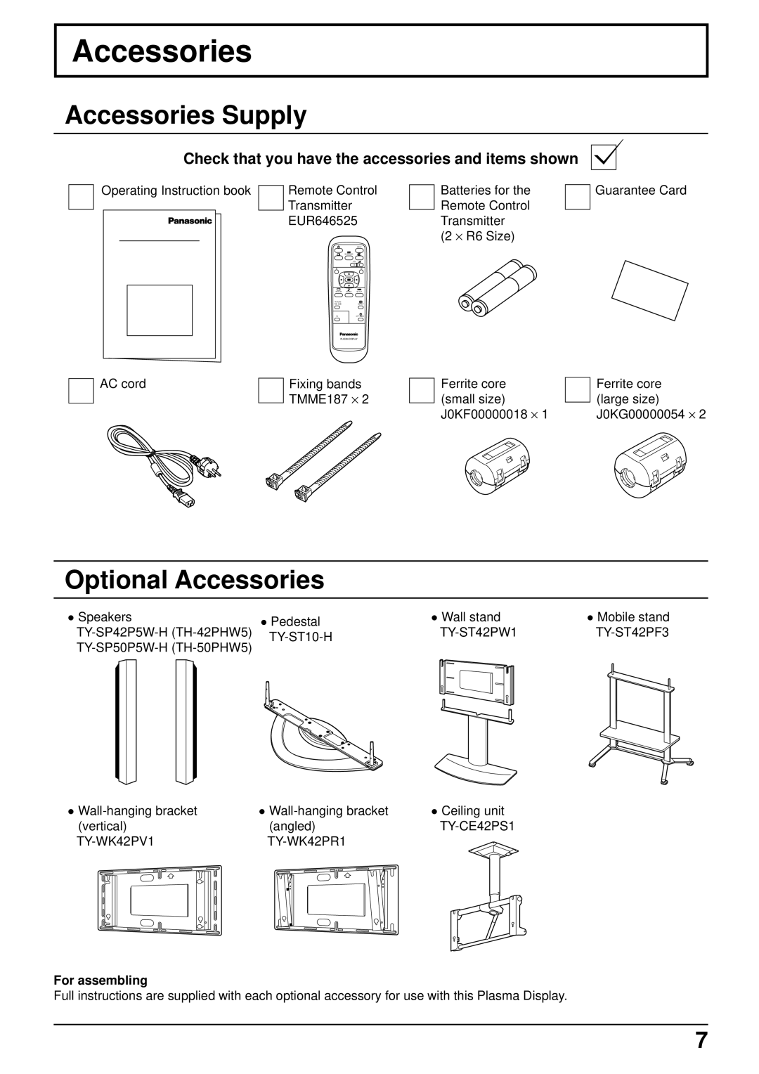 Panasonic TH-42PHW5 Accessories Supply, Optional Accessories, Check that you have the accessories and items shown 