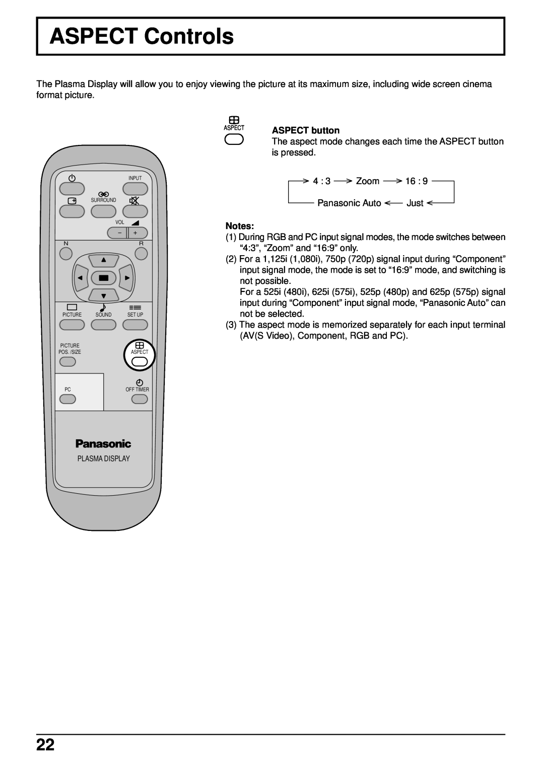 Panasonic TH-50PHW5, TH-42PHW5 manual ASPECT Controls, Plasma Display 