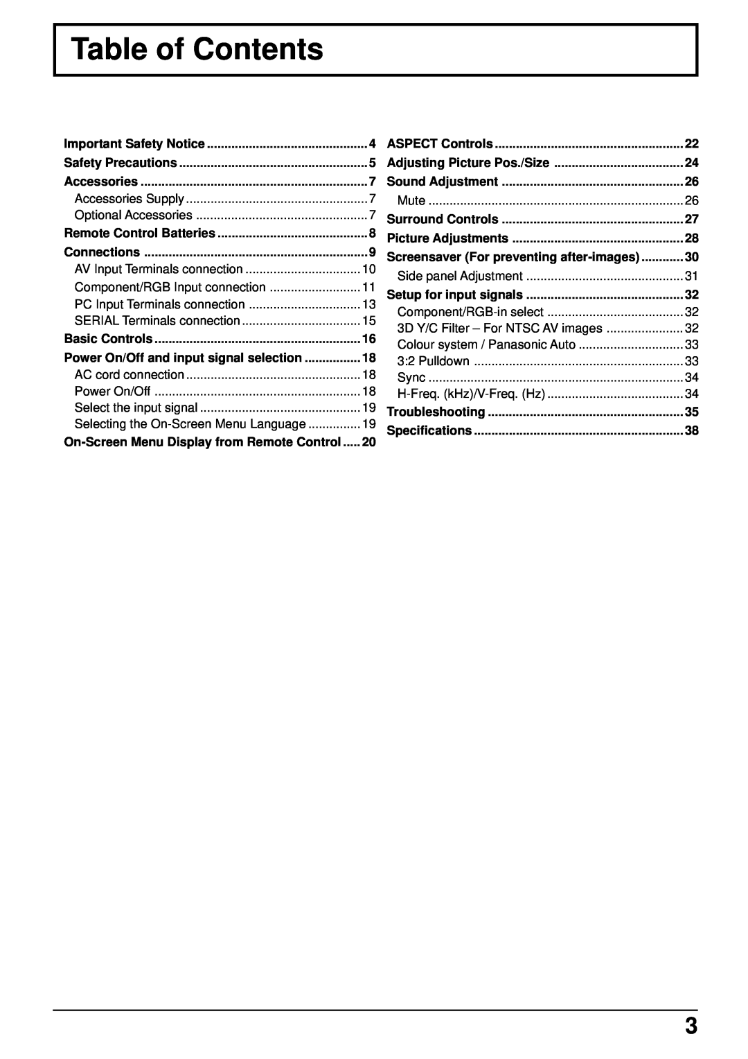 Panasonic TH-42PHW5, TH-50PHW5 manual Table of Contents 