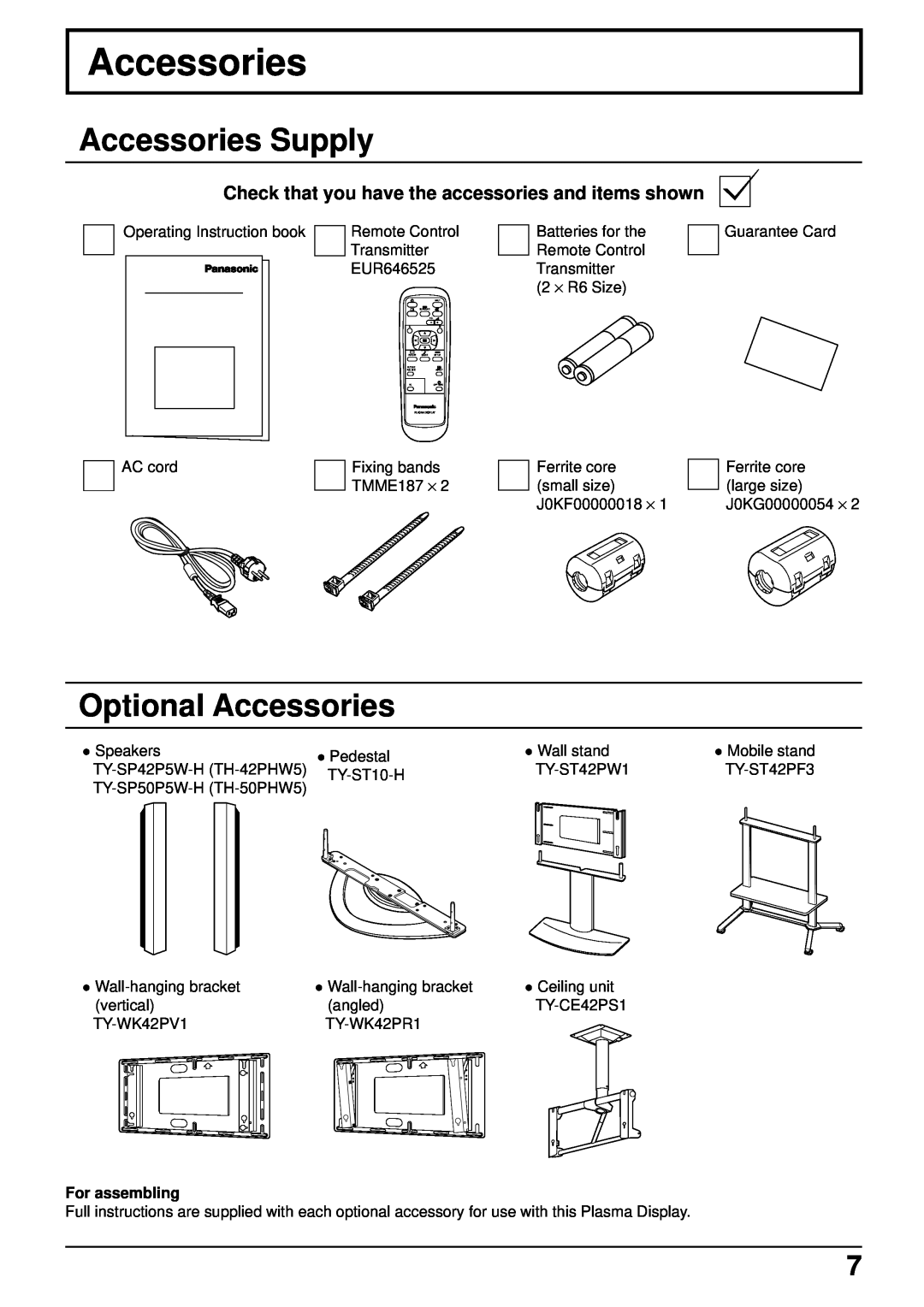 Panasonic TH-42PHW5 Accessories Supply, Optional Accessories, Check that you have the accessories and items shown 