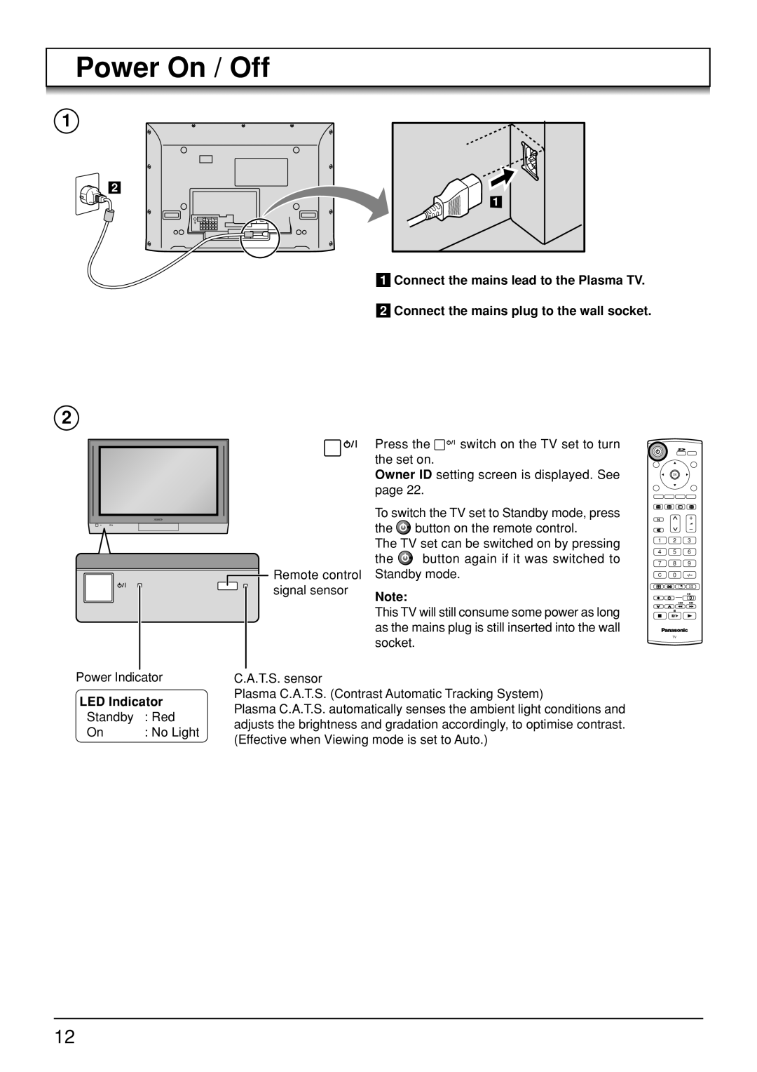 Panasonic TH-50PV30, TH-37PA30, TH-42PV30 operating instructions Power On / Off, LED Indicator 